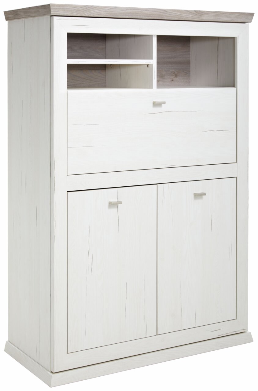 Hom´in Sekretär CAMRON Weißer Sekretär mit zwei Türen und mehreren offenen Fächern, seitliche Perspektive