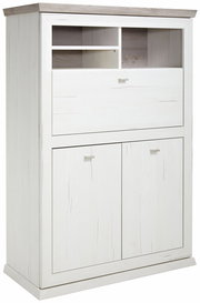 Weißer Sekretär mit zwei Türen und mehreren offenen Fächern, seitliche Perspektive