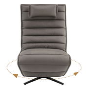 Frontansicht einer grauen Relaxliege mit gepolstertem Design und drehbarem Fuß.