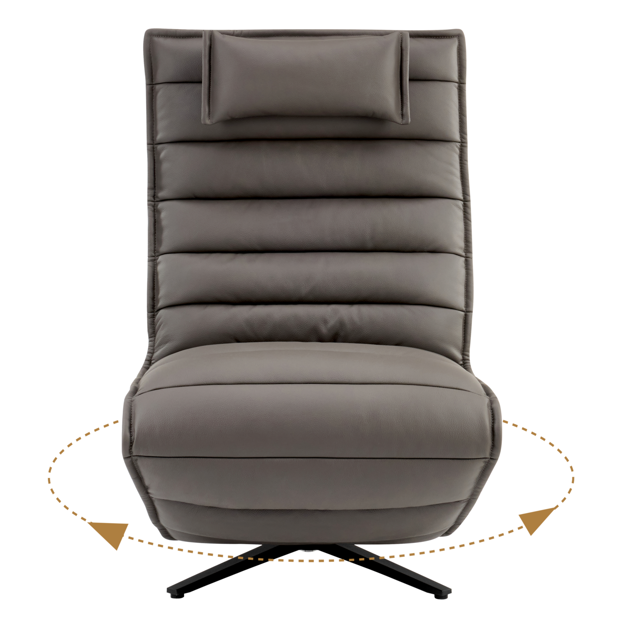 Frontansicht einer grauen Relaxliege mit gepolstertem Design und drehbarem Fuß.