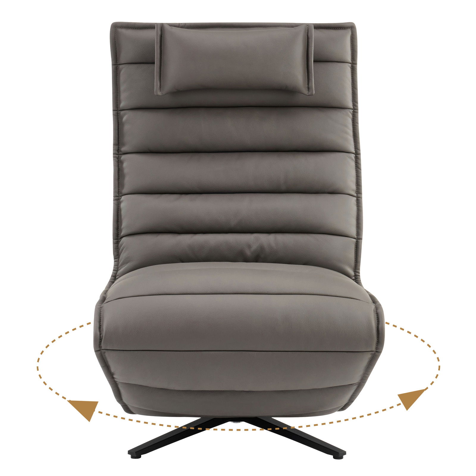 Frontansicht einer grauen Relaxliege mit gepolstertem Design und drehbarem Fuß.