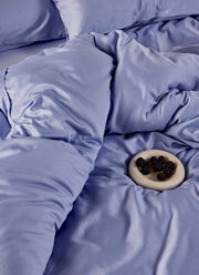 Nahaufnahme von blauer Bettwäsche mit einem Teller Brombeeren darauf.