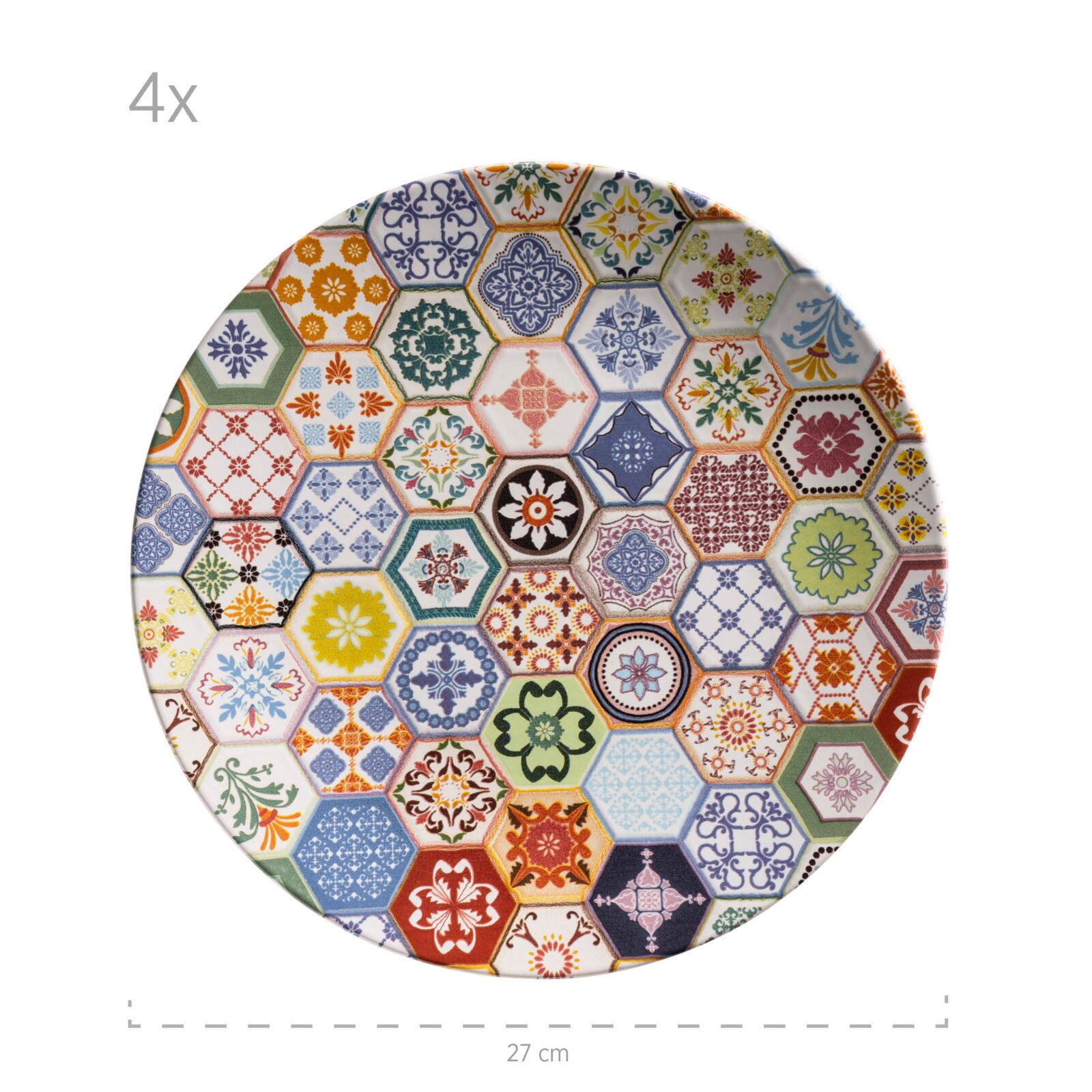 Runder Keramikteller mit buntem Patchwork-Mosaik aus sechseckigen Ornamenten, Draufsicht von oben, Durchmesser ca. 27 cm