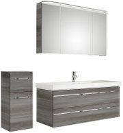 Modern badkamermeubel met grijze kasten in houtlook, bestaande uit een spiegelkast, een wastafelonderkast en een hoge zijkast. Vooraanzicht.