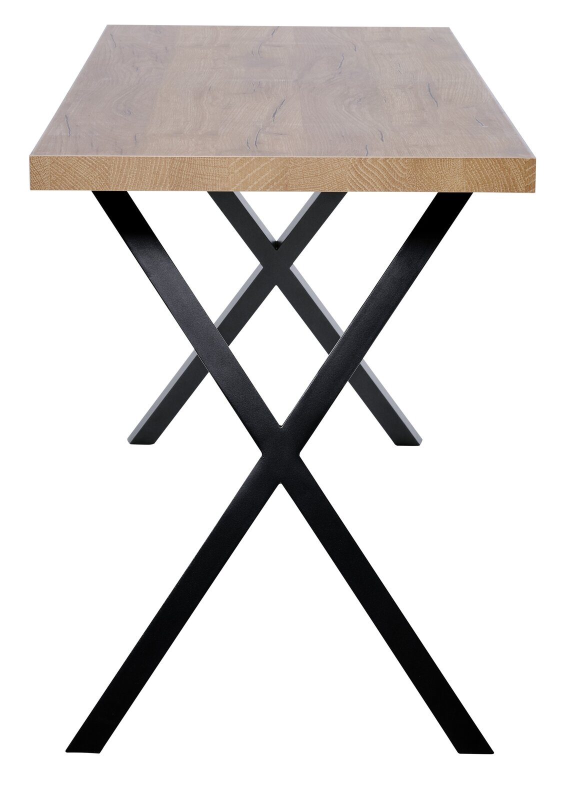 Moderner Schreibtisch mit Holzplatte und schwarzen Metallbeinen in X-Form, frontal betrachtet.