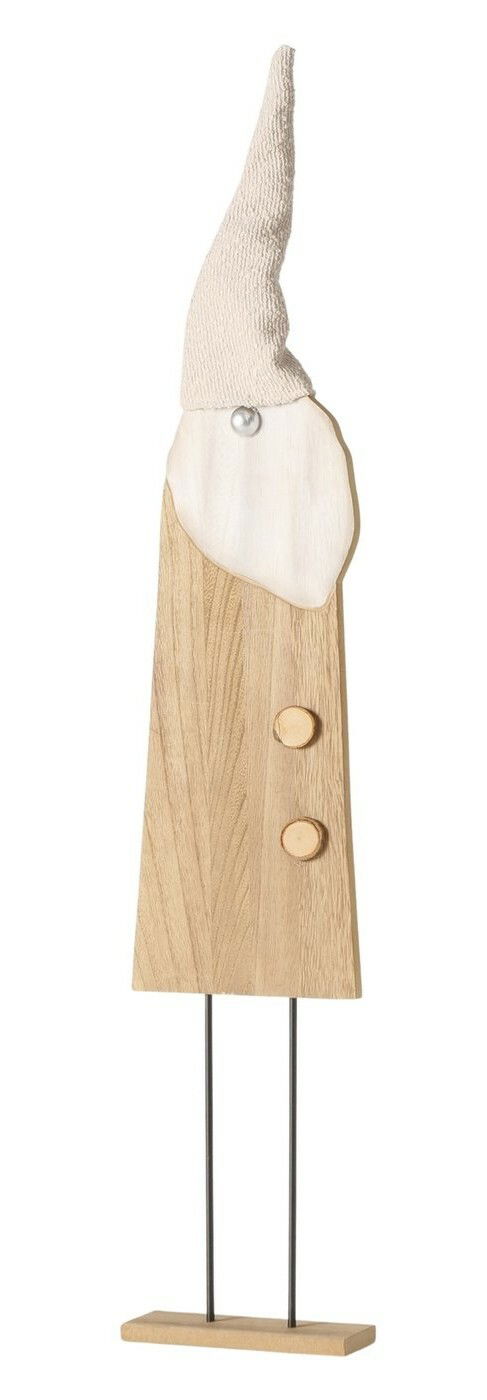 Holzfigur eines Gnomes mit spitzem Stoffhut, frontalansicht