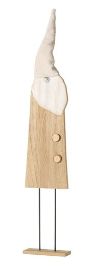 Holzfigur eines Gnomes mit spitzem Stoffhut, frontalansicht