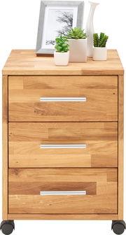 Rollcontainer aus Holz mit drei Schubladen, dekoriert mit Pflanzen und einem Bilderrahmen auf der Oberseite, frontal betrachtet.