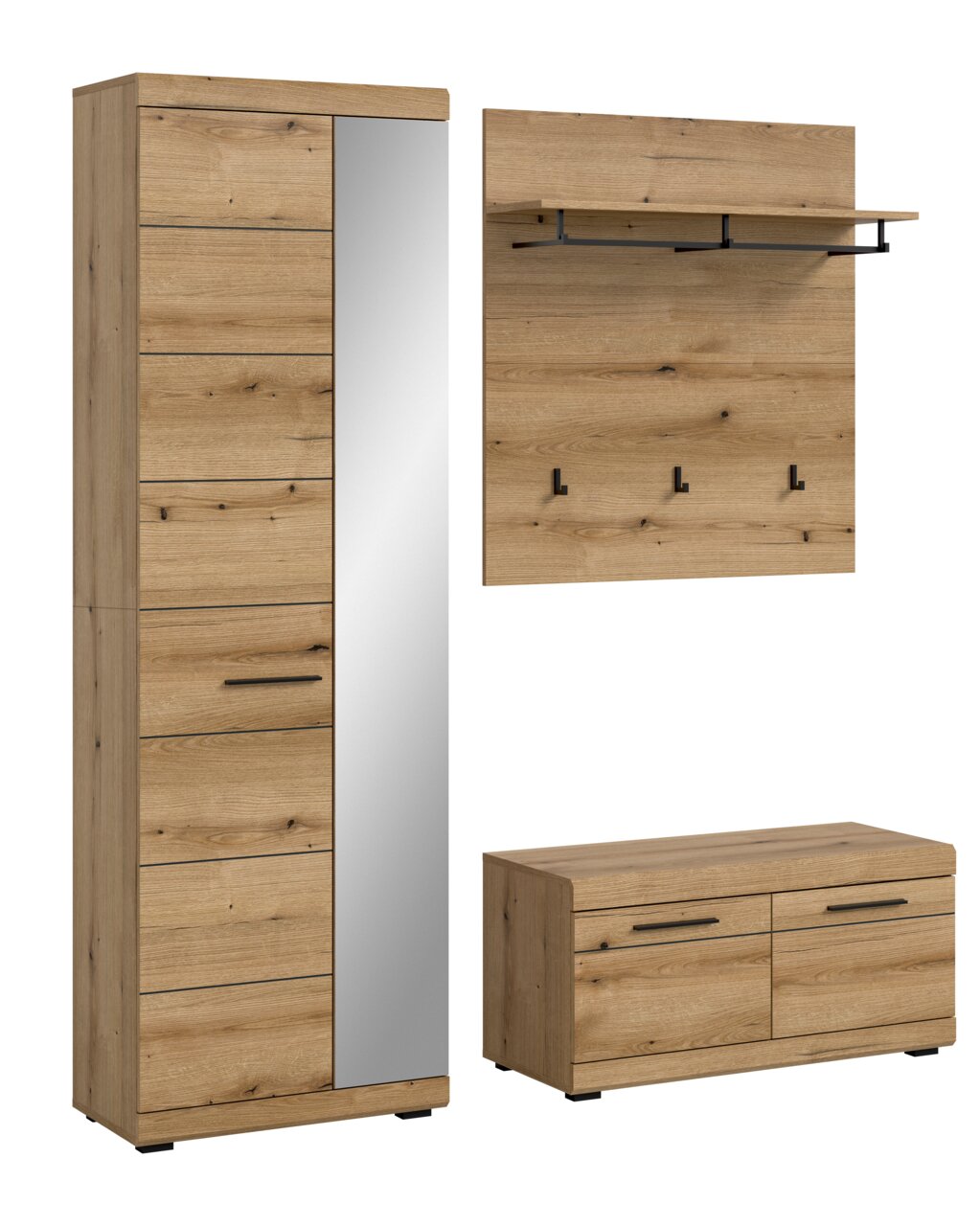 Garderoben-Set 3-teilig in Holzoptik mit Spiegel, Hakenleiste und Schuhschrank, seitliche Perspektive