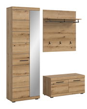 Garderoben-Set 3-teilig in Holzoptik mit Spiegel, Hakenleiste und Schuhschrank, seitliche Perspektive