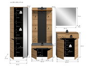 Bemaßte Produktansicht eines Garderoben-Sets in Holzoptik mit schwarzer Rückwand: hoher Schuhschrank mit Spiegel-Tür, Garderobenpaneel mit Ablage und Sitzbank sowie Kommode; dargestellt in Front- und Seitenansicht mit Maßangaben.