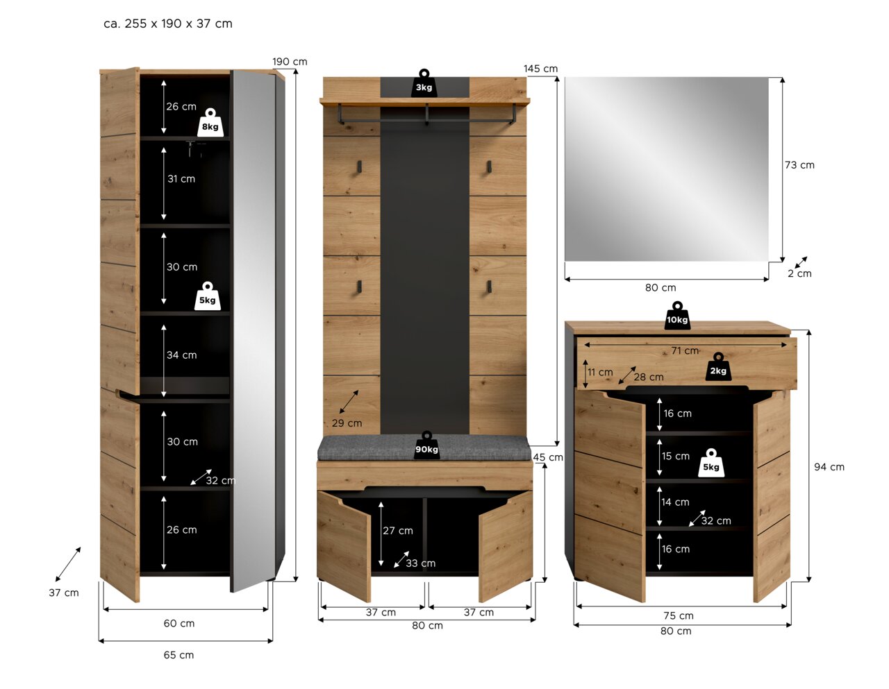 Bemaßte Produktansicht eines Garderoben-Sets in Holzoptik mit schwarzer Rückwand: hoher Schuhschrank mit Spiegel-Tür, Garderobenpaneel mit Ablage und Sitzbank sowie Kommode; dargestellt in Front- und Seitenansicht mit Maßangaben.