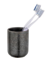 Keramik Zahnputzbecher Rufina in dunkler Farbe mit zwei transparenten Zahnbürsten, seitliche Perspektive
