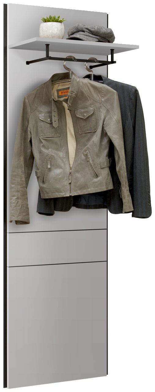 Modernes Wandpaneel mit Kleiderhaken, Ablage und Dekoration, frontal betrachtet.