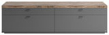 Frontale Ansicht des TV-Lowboards Set One by Musterring LANCASTER mit grauer Oberfläche und Holzoptik auf der Oberseite.
