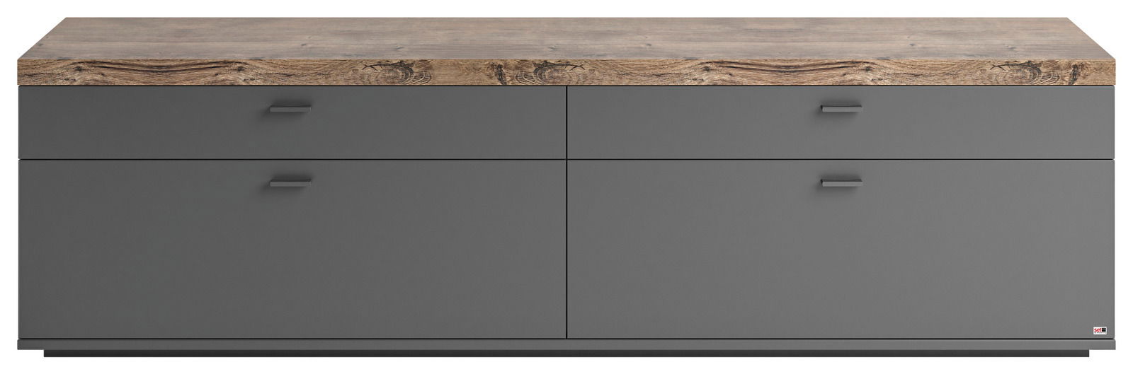 Frontale Ansicht des TV-Lowboards Set One by Musterring LANCASTER mit grauer Oberfläche und Holzoptik auf der Oberseite.
