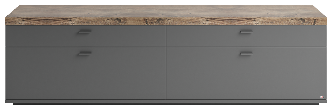 Frontale Ansicht des TV-Lowboards Set One by Musterring LANCASTER mit grauer Oberfläche und Holzoptik auf der Oberseite.