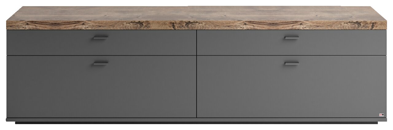 Frontale Ansicht des TV-Lowboards Set One by Musterring LANCASTER mit grauer Oberfläche und Holzoptik auf der Oberseite.