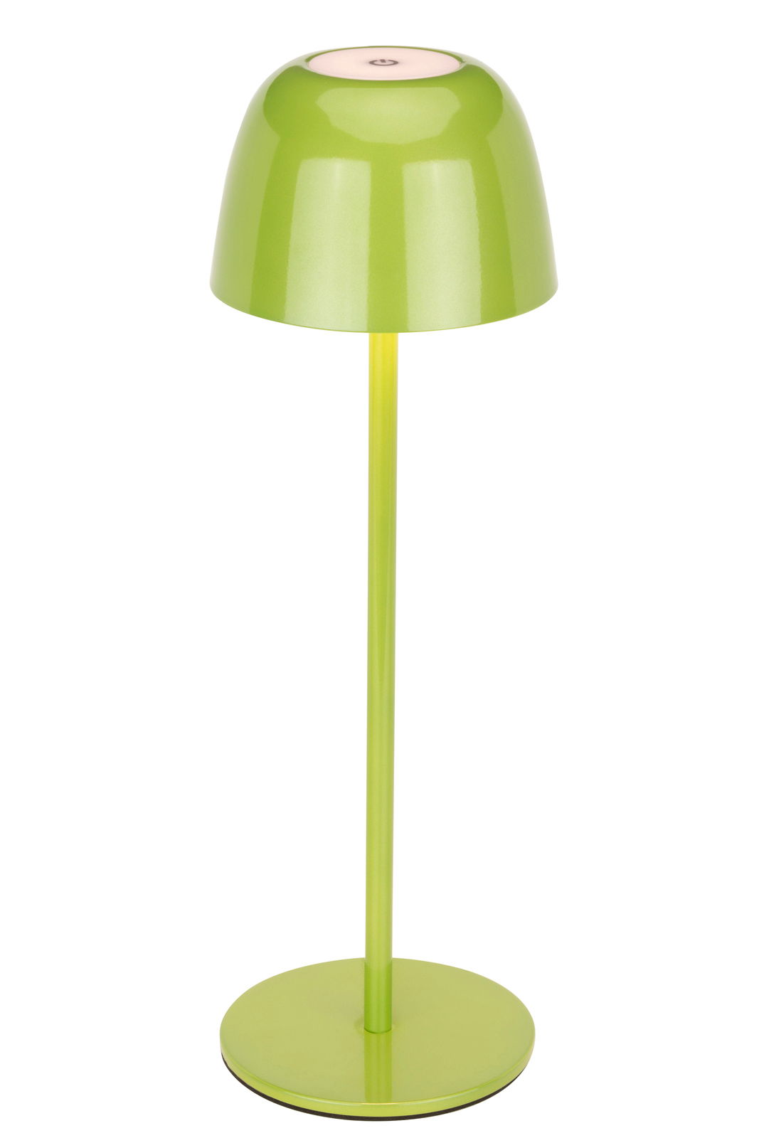 Grüne Akku-Tischleuchte in Frontalansicht mit rundem Sockel und gewölbtem Schirm.
