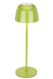 Grüne Akku-Tischleuchte in Frontalansicht mit rundem Sockel und gewölbtem Schirm.
