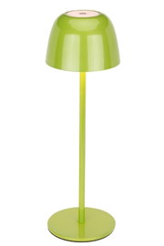 Groene accu-tafellamp in vooraanzicht met ronde voet en gewelfde kap.