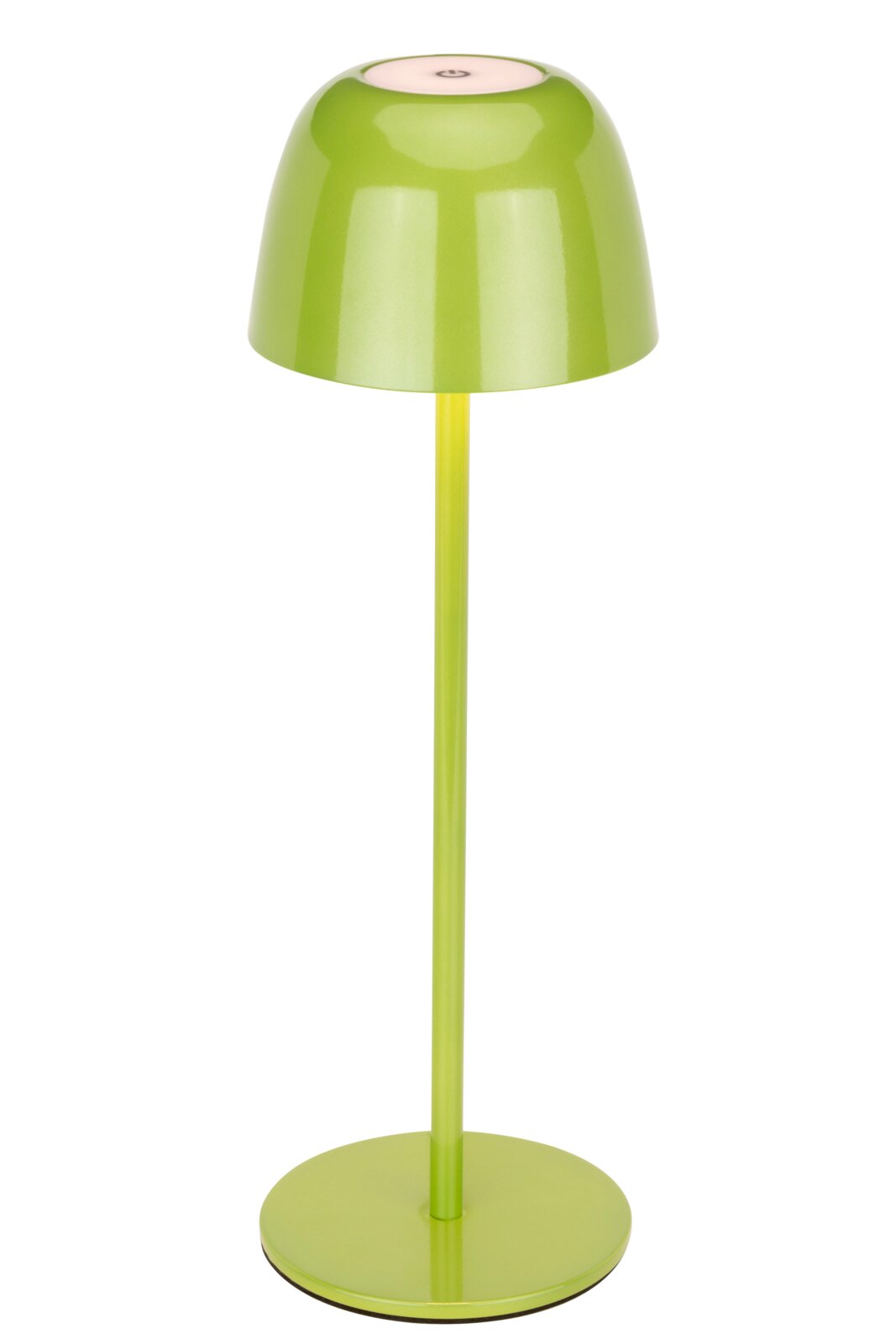Groene accu-tafellamp in vooraanzicht met ronde voet en gewelfde kap.