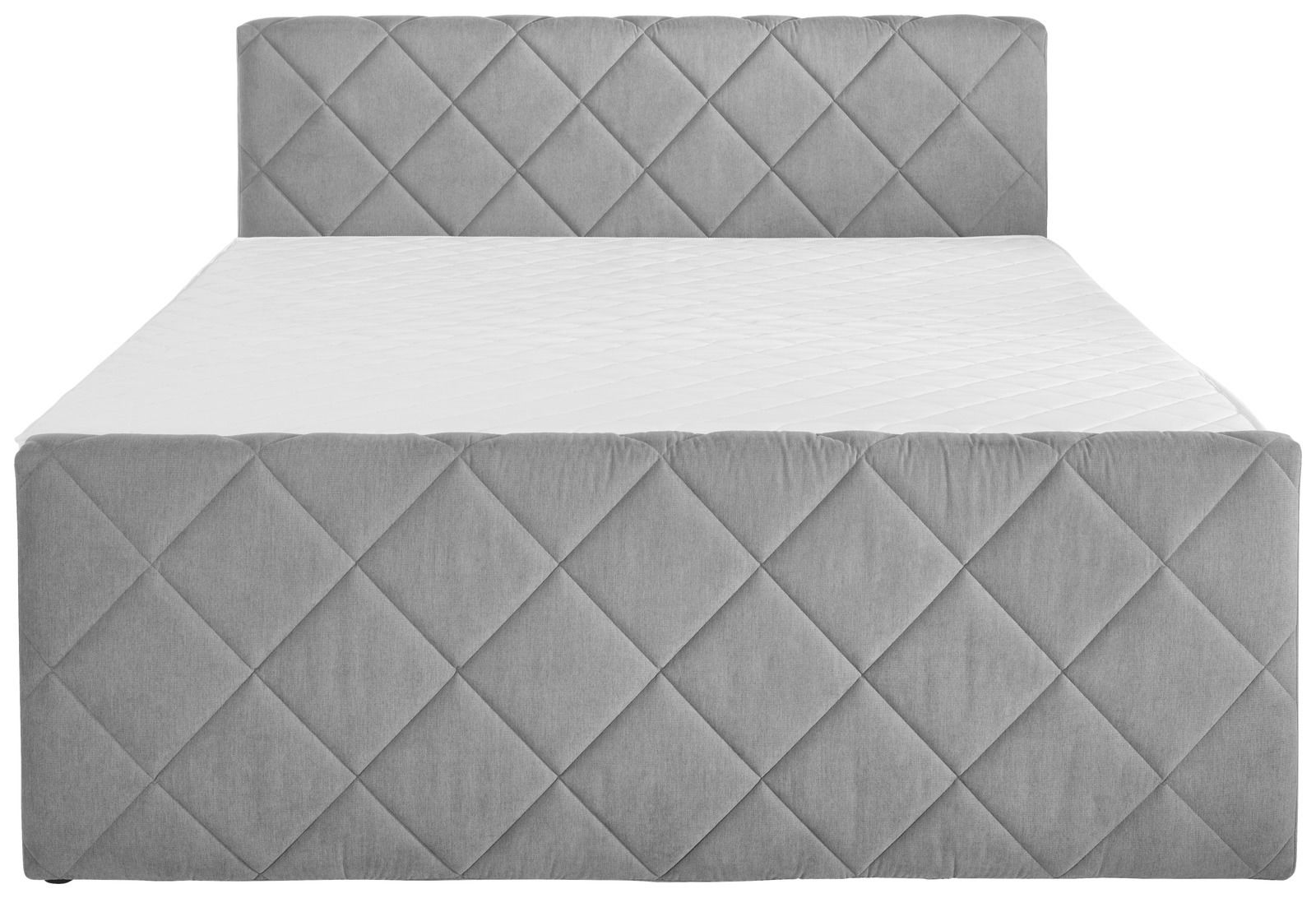 Frontale Ansicht eines grauen Boxspringbetts mit gestepptem Kopfteil und Fußteil, Modell BX2200 CHESTER.