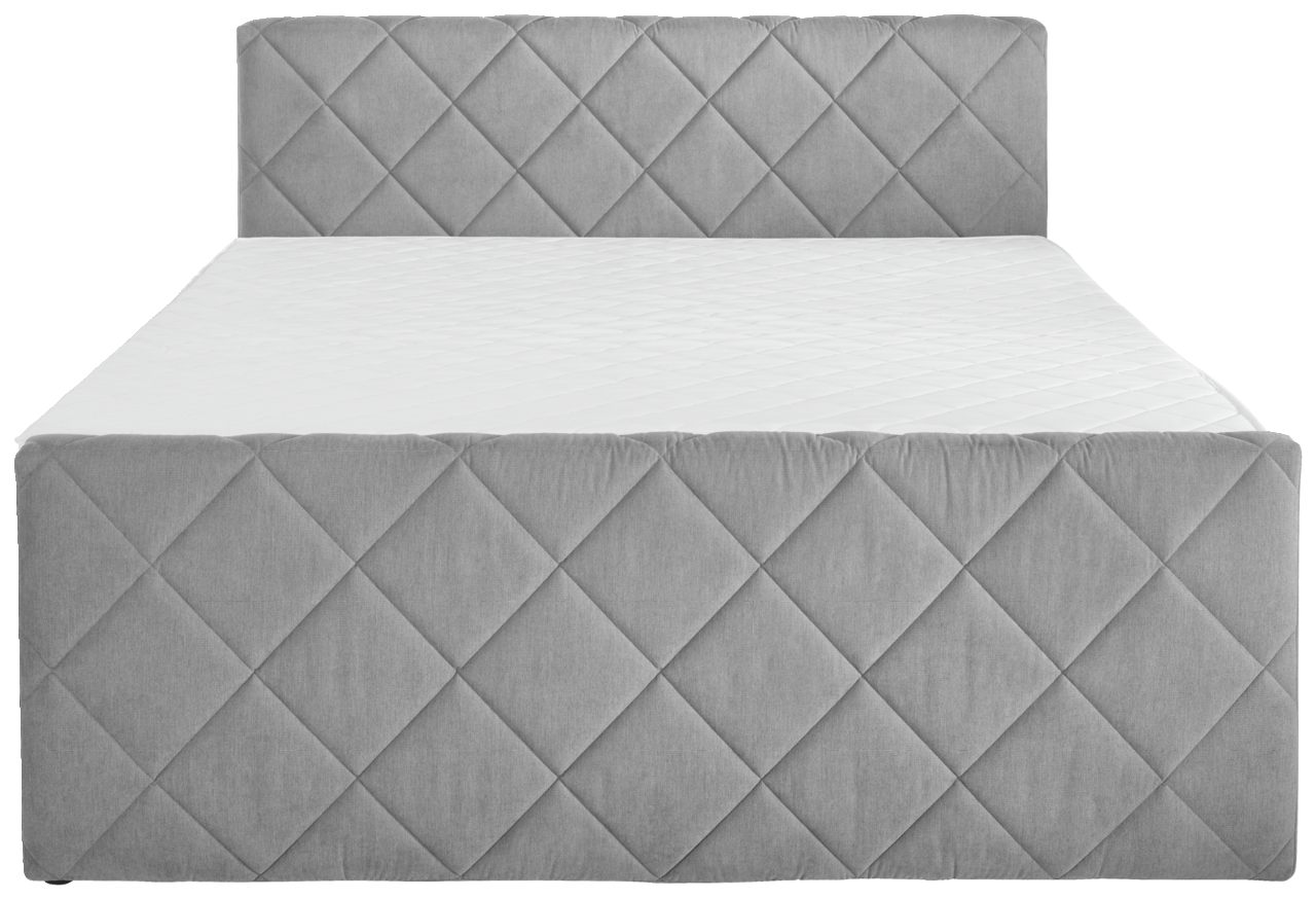 Frontale Ansicht eines grauen Boxspringbetts mit gestepptem Kopfteil und Fußteil, Modell BX2200 CHESTER.