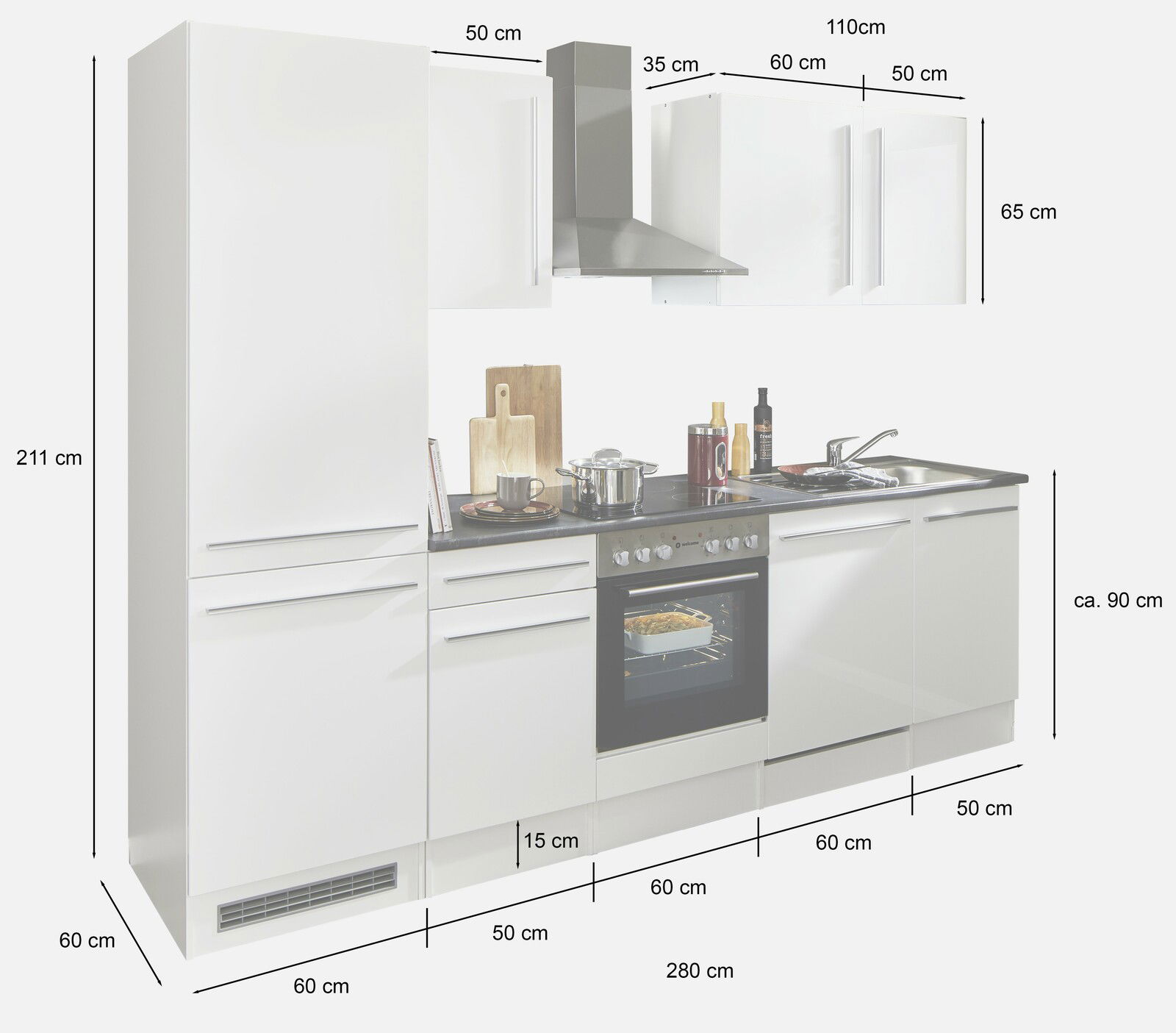 Küchenblock 280 in weißer Farbe, bestehend aus mehreren Schränken, einem Herd mit Backofen und einer Spüle, frontal abgebildet.