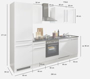 Küchenblock 280 in weißer Farbe, bestehend aus mehreren Schränken, einem Herd mit Backofen und einer Spüle, frontal abgebildet.