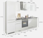 Küchenblock 280 in weißer Farbe, bestehend aus mehreren Schränken, einem Herd mit Backofen und einer Spüle, frontal abgebildet.