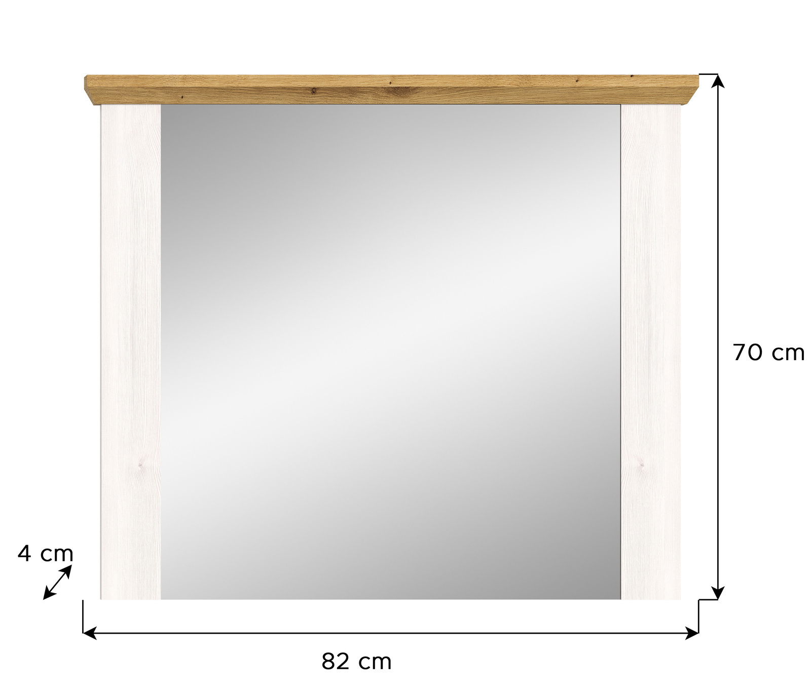 Spiegel mit Holzrahmen, Vorderansicht, Maße 82 cm x 70 cm
