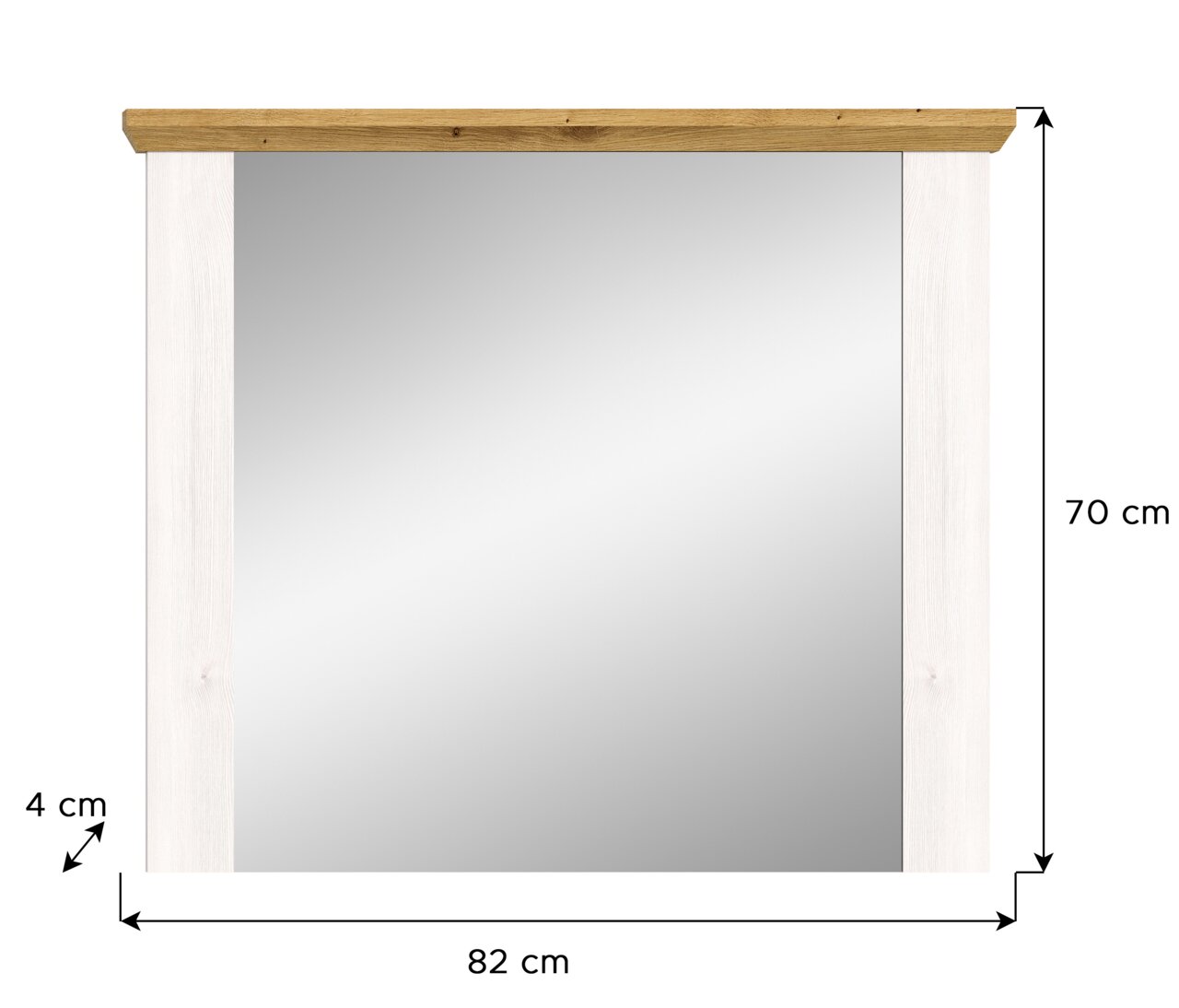 Spiegel mit Holzrahmen, Vorderansicht, Maße 82 cm x 70 cm