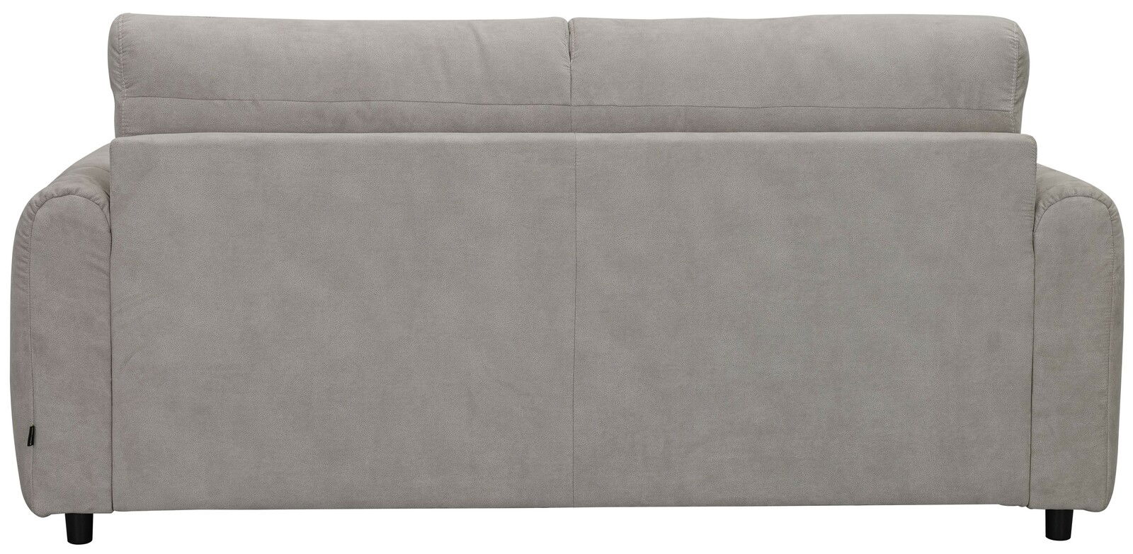 Rückansicht eines grauen Funktionssofas mit gepolsterten Armlehnen und schwarzen Füßen.