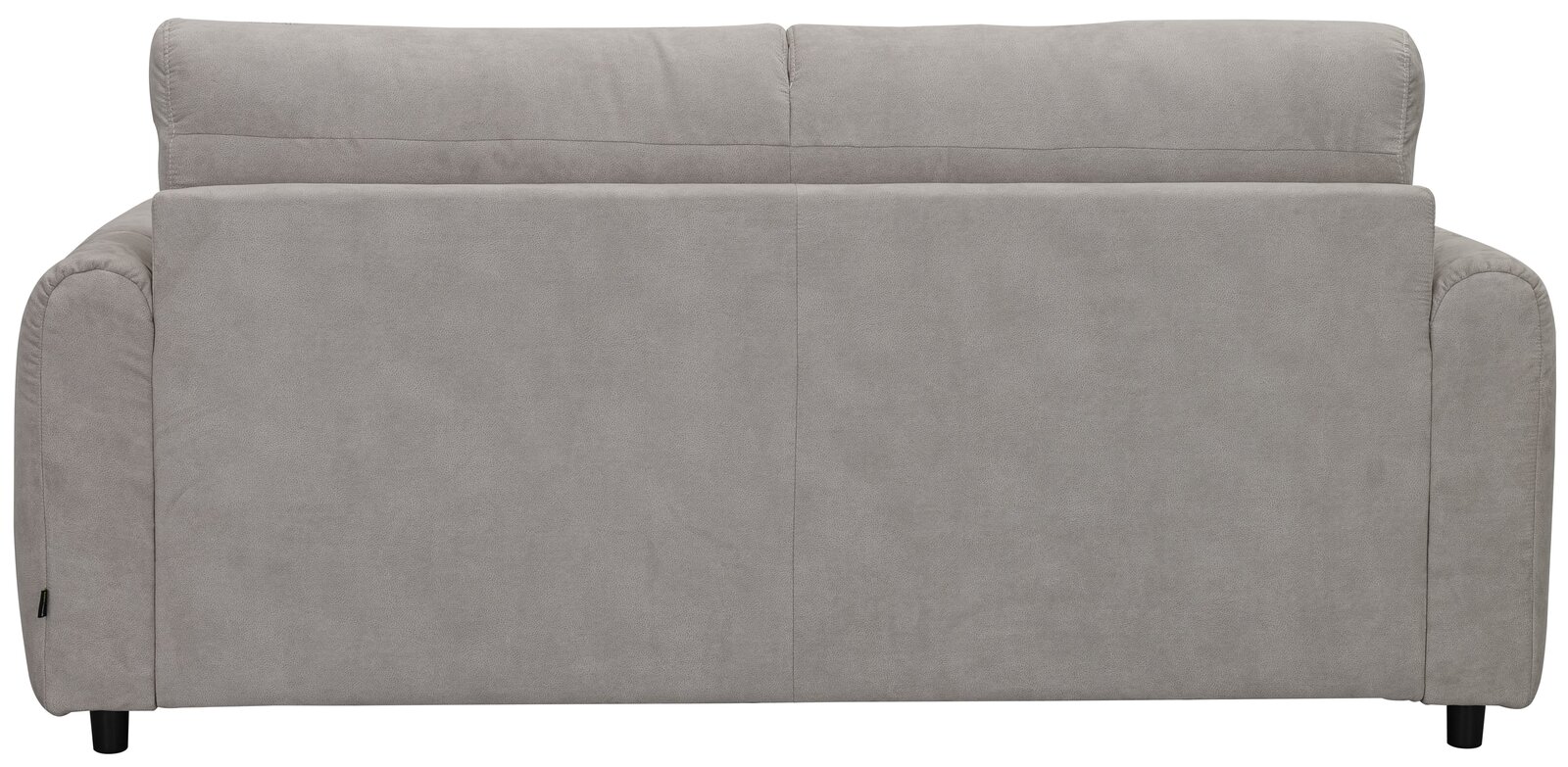 Rückansicht eines grauen Funktionssofas mit gepolsterten Armlehnen und schwarzen Füßen.
