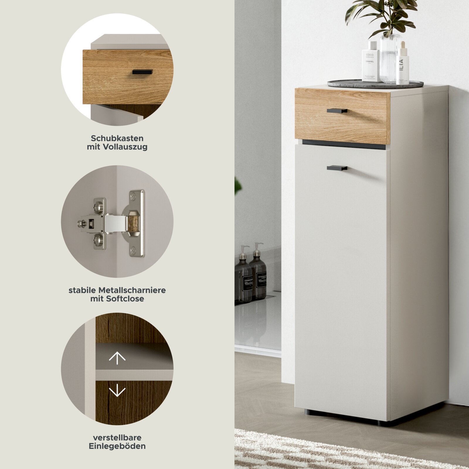 Moderner Bad-Hochschrank in Weiß mit Holzoptik-Front, Schublade mit Vollauszug und Tür mit Softclose sowie verstellbaren Einlegeböden, frontal leicht seitlich aus der rechten Perspektive fotografiert.
