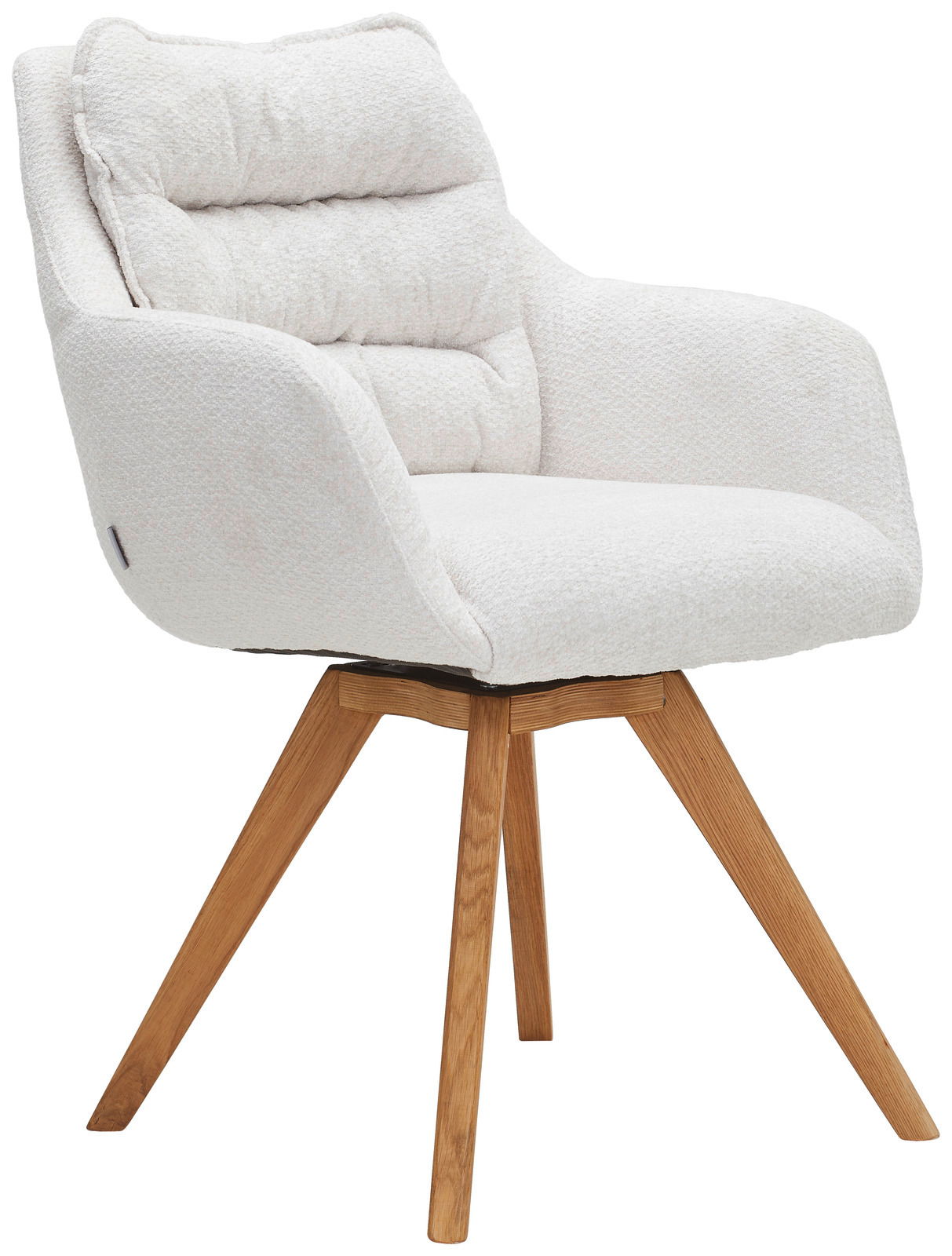 Linea Natura Armlehnstuhl COMO Moderner Armlehnstuhl mit weißem Stoffbezug und Holzbeinen, seitliche Perspektive