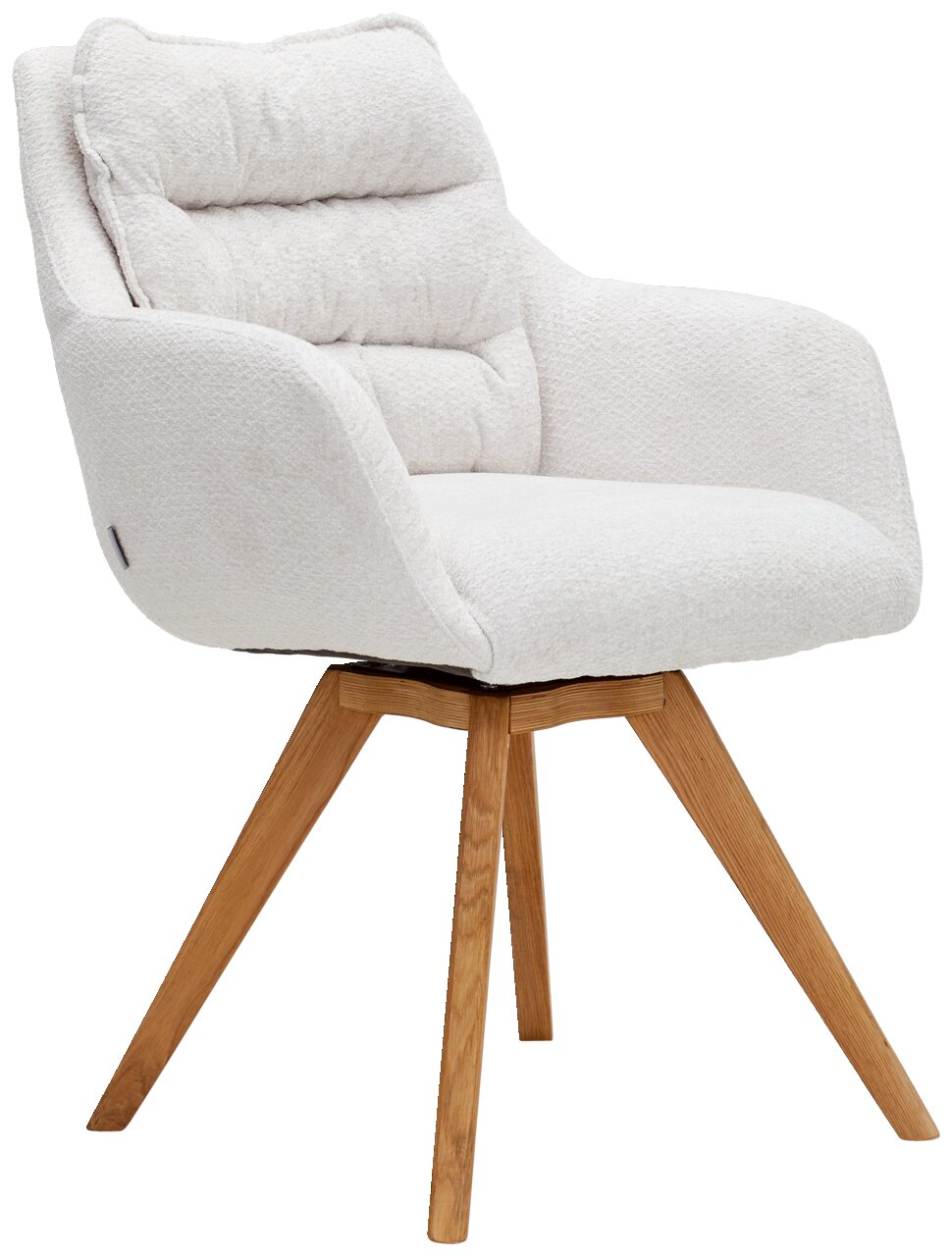 Moderner Armlehnstuhl mit weißem Stoffbezug und Holzbeinen, seitliche Perspektive