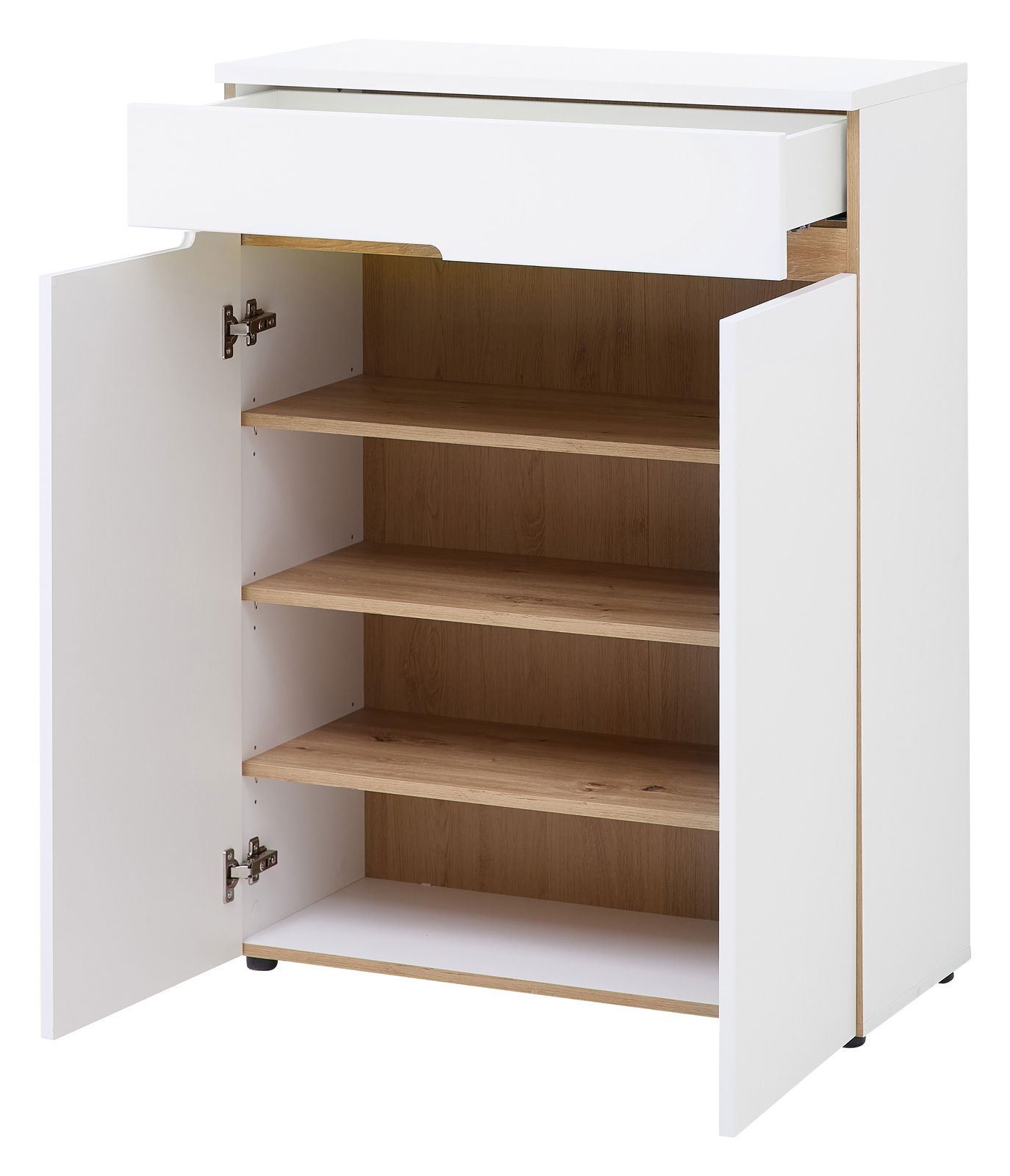 Moderner weißer Schuhschrank mit offener Schublade und Türen, zeigt Innenregale aus Holz, Perspektive von vorne.