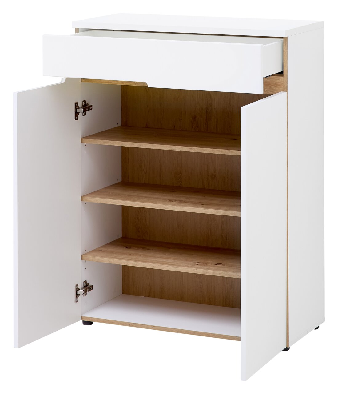 Moderner weißer Schuhschrank mit offener Schublade und Türen, zeigt Innenregale aus Holz, Perspektive von vorne.