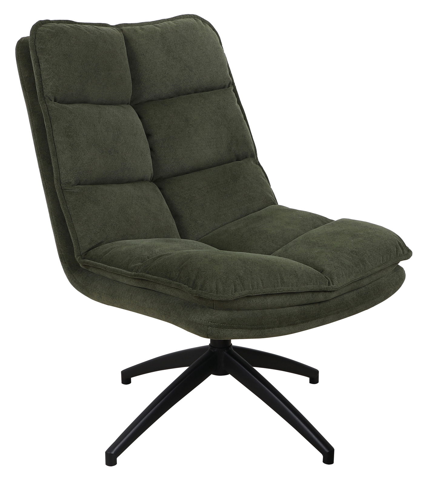 Grüner, gepolsterter Sessel mit schwarzem Drehfuß, seitliche Perspektive
