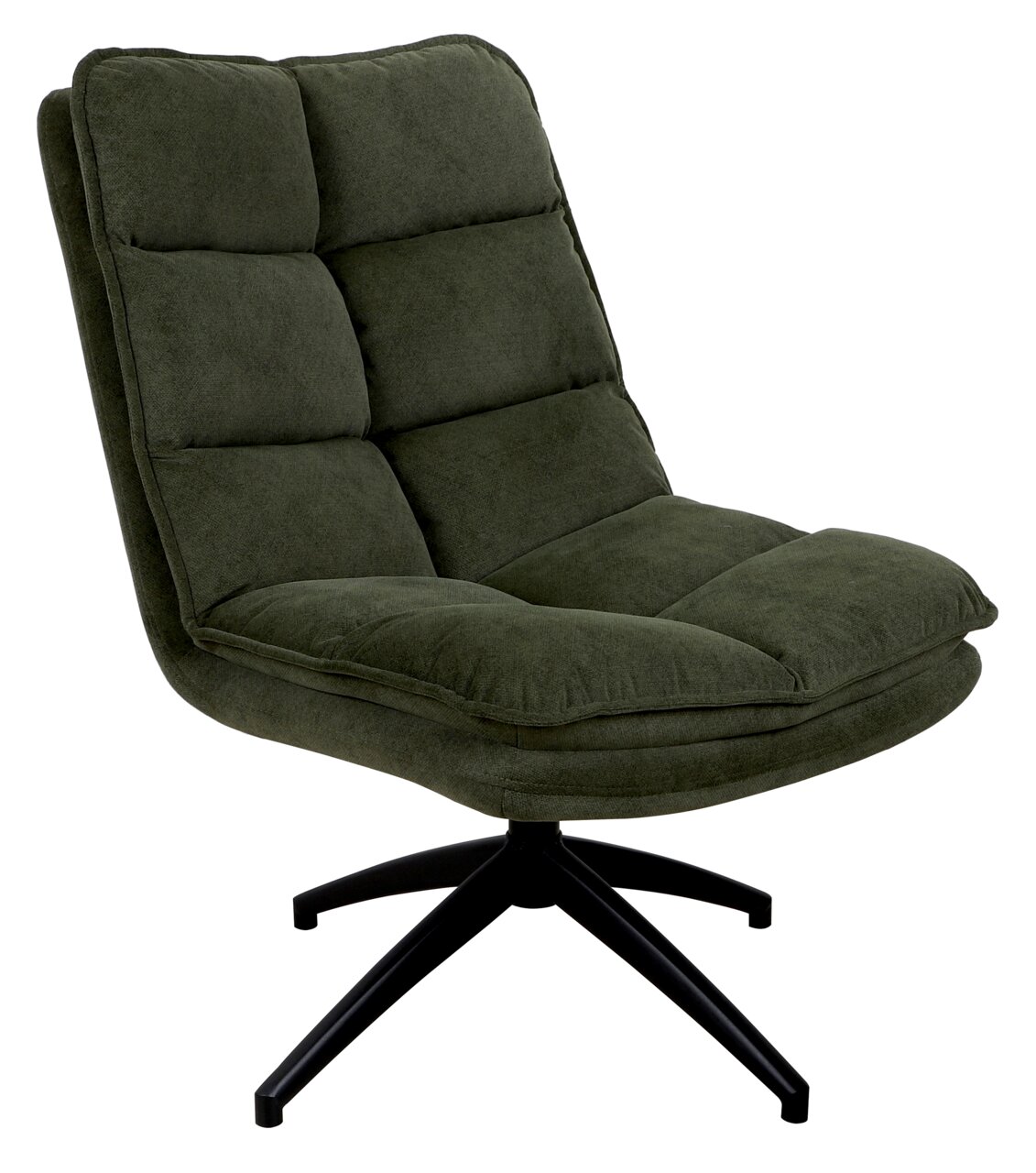 Groene, gestoffeerde fauteuil met zwarte draaivoet, zijaanzicht