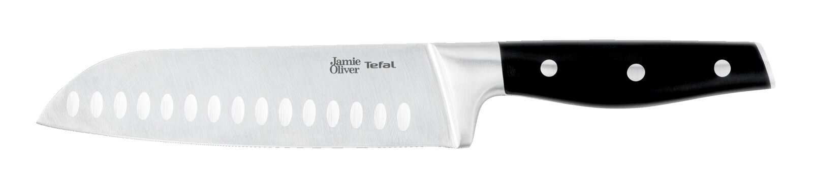 Jamie Oliver Tefal Santokumesser mit Kullenschliff, Edelstahlklinge und schwarzem Griff mit Nieten, seitliche Ansicht (Profilperspektive) auf schwarzem Hintergrund
