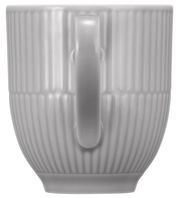 Grauer Becher mit Henkel, geriffelte Oberfläche, Seitenansicht