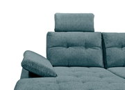 Detailansicht einer modernen, türkisfarbenen Rundecke mit verstellbarer Kopfstütze und Armlehne.