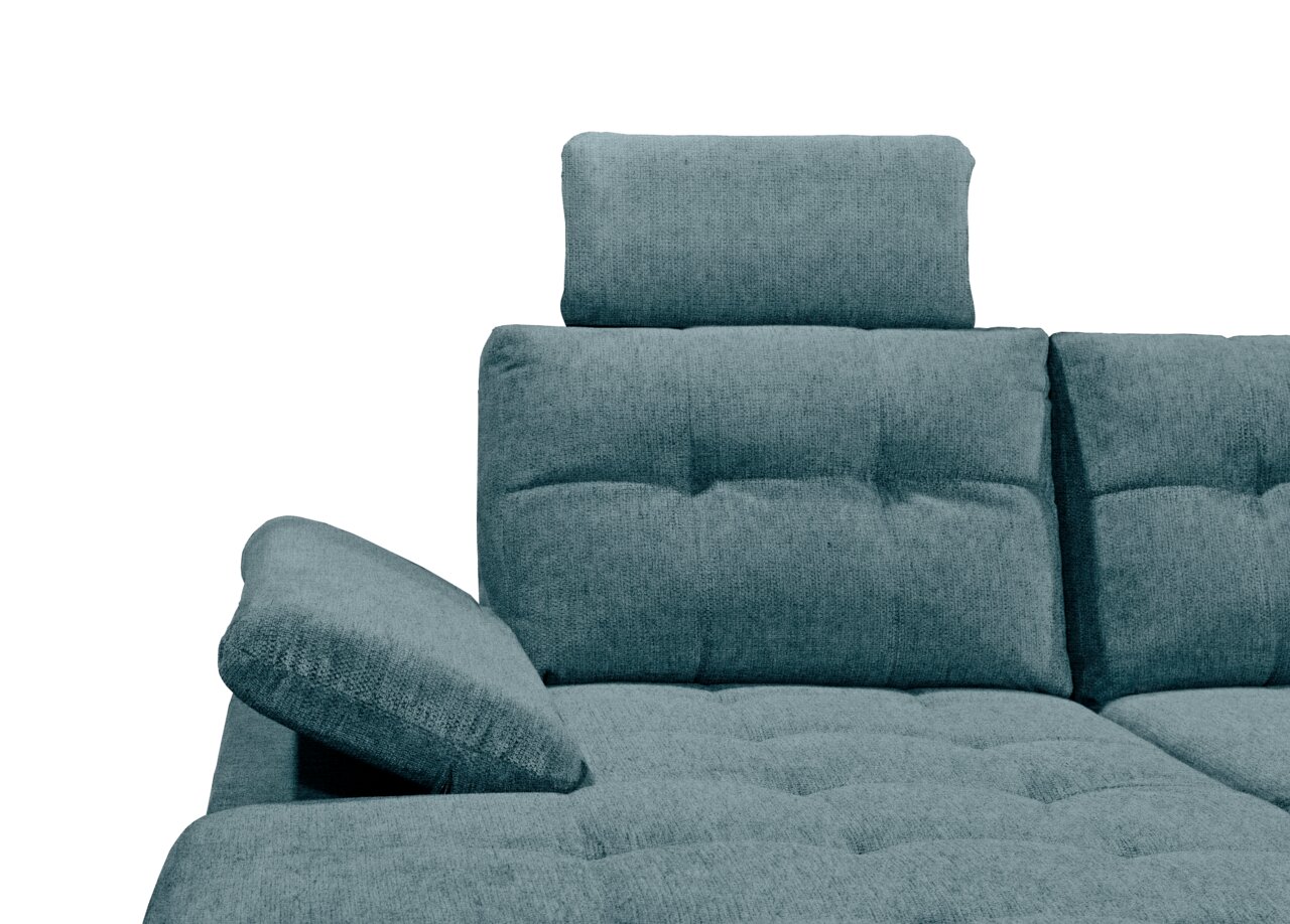 Detailansicht einer modernen, türkisfarbenen Rundecke mit verstellbarer Kopfstütze und Armlehne.