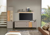 Modernes TV-Lowboard in einem stilvollen Wohnzimmer, frontal betrachtet, mit integriertem Holzdekor und LED-Beleuchtung.