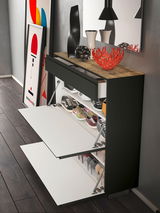 Moderner Hängeschuhschrank mit zwei Klappen und einer Schublade, gefüllt mit verschiedenen Schuhen, in einer stilvollen Raumumgebung von der Seite betrachtet.