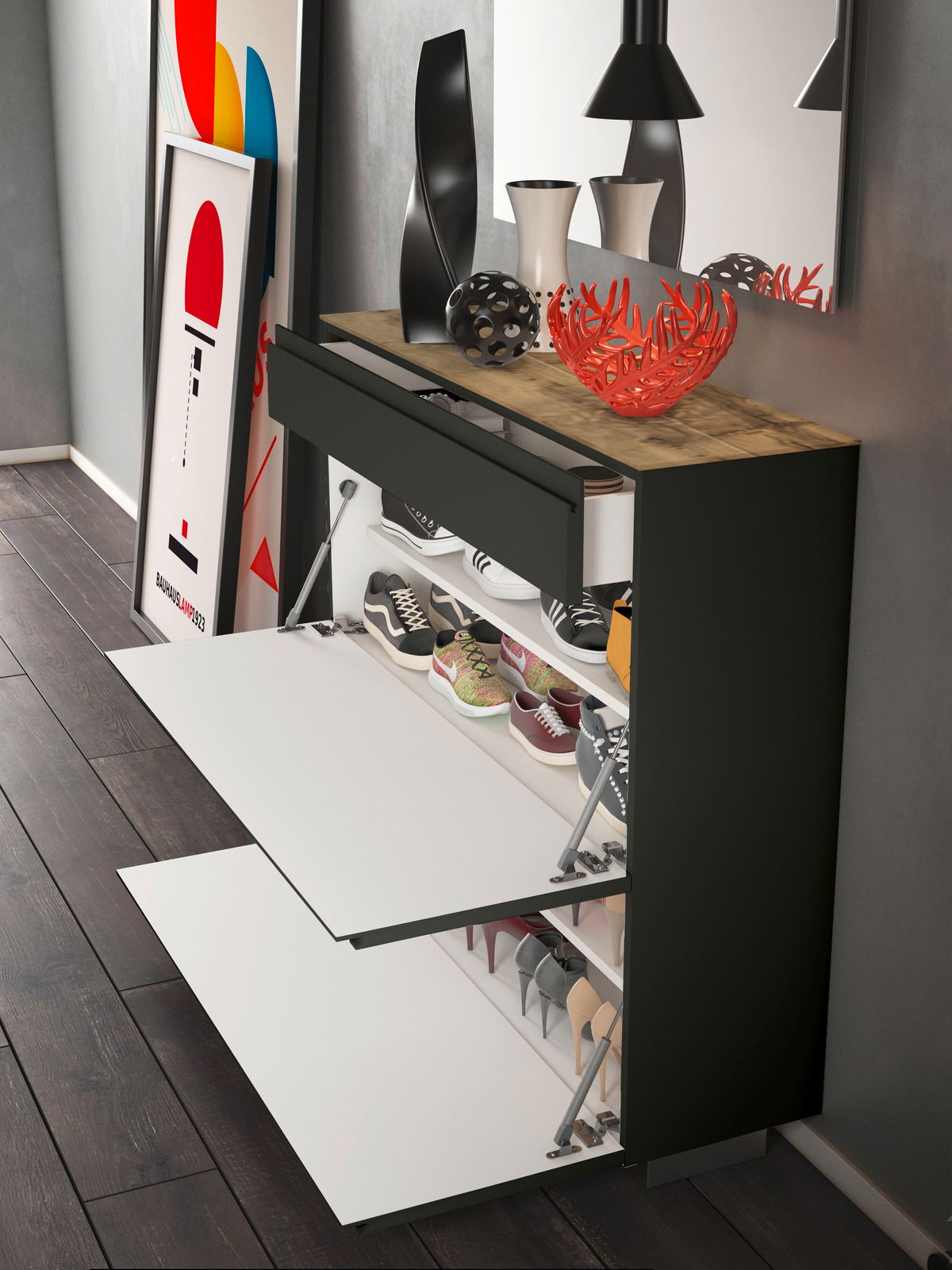 Moderner Hängeschuhschrank mit zwei Klappen und einer Schublade, gefüllt mit verschiedenen Schuhen, in einer stilvollen Raumumgebung von der Seite betrachtet.