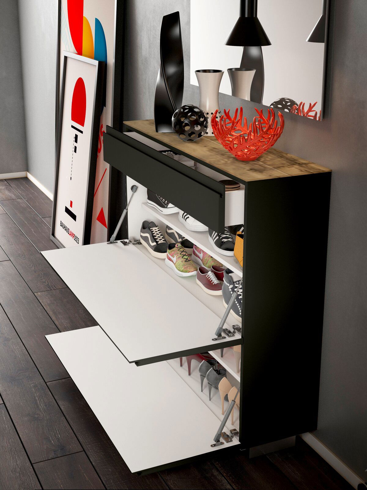 Moderner Hängeschuhschrank mit zwei Klappen und einer Schublade, gefüllt mit verschiedenen Schuhen, in einer stilvollen Raumumgebung von der Seite betrachtet.